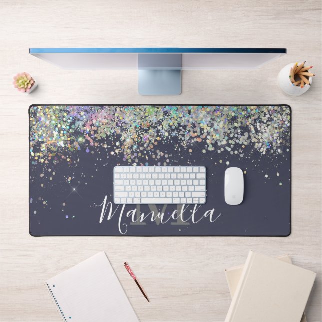 Funkelnd Rose Gold Glitzer Monogram Schreibtischunterlage (Büro 1)