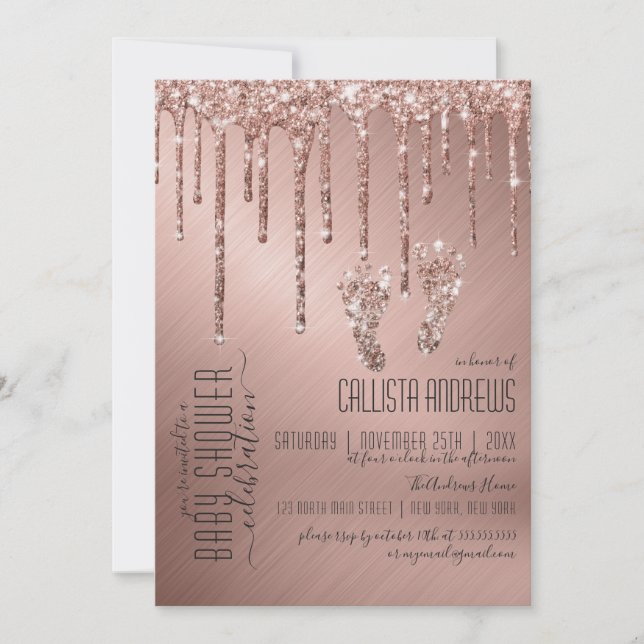 Funkelnd Rose Gold Glitzer Tropfen Foot Baby Dusch Einladung (Vorderseite)