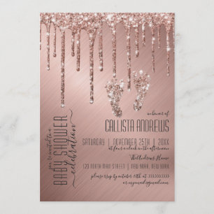 Funkelnd Rose Gold Glitzer Tropfen Foot Baby Dusch Einladung