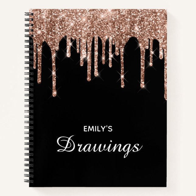 Funkelnd Rose Gold Glitzer Tropfen Schwarz Zeichne Notizbuch (Vorderseite)