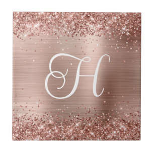Funkelnd Rose Gold Glitzer und Fohlen Monogramm Fliese