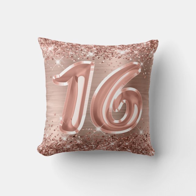 Funkelnd Rose Gold Glitzer und Foil Sweet 16 Kissen (Vorderseite)