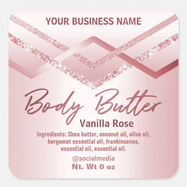 Funkelnd Rose Gold Linien Body Butter Labels Quadratischer Aufkleber (Vorderseite)