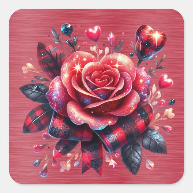 Funkelnd Rote Rose Kariert Ribbon Quadratischer Aufkleber (Vorderseite)