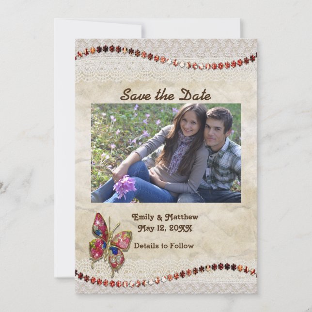 Funkelnd Schmetterling, Spitzen und Pergament Save Save The Date (Vorderseite)