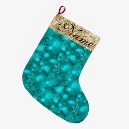 Funkelnd Schneeflocken, Aquamarin & Gold Glitzer - Großer Weihnachtsstrumpf