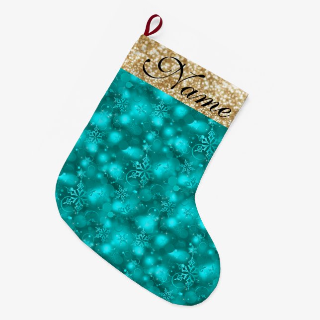 Funkelnd Schneeflocken, Aquamarin & Gold Glitzer - Großer Weihnachtsstrumpf (Vorderansicht (hängend))