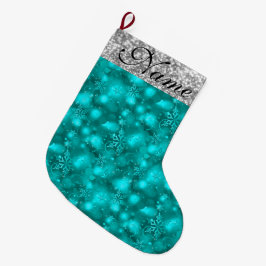 Funkelnd Schneeflocken, Aquamarin & Silberner Glit Großer Weihnachtsstrumpf