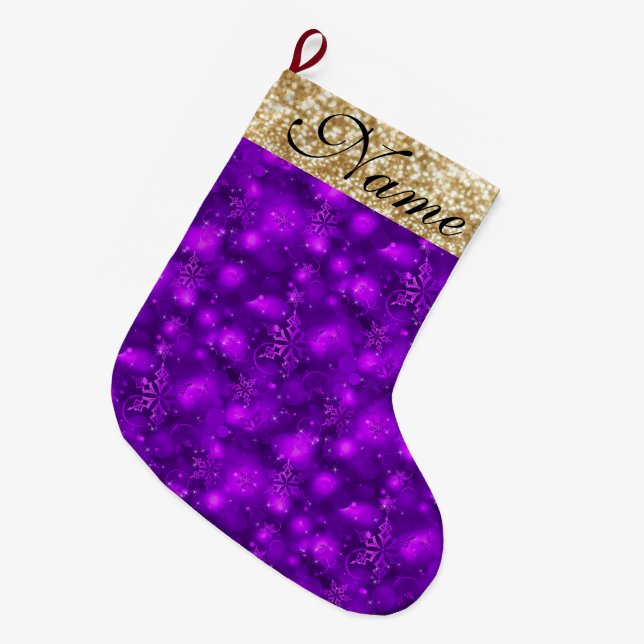 Funkelnd Schneeflocken, Lila & Gold Glitzer - Großer Weihnachtsstrumpf (Vorderansicht (hängend))