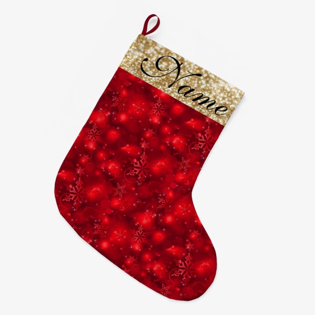 Funkelnd Schneeflocken, Red & Gold Glitzer - Großer Weihnachtsstrumpf (Vorderansicht (hängend))