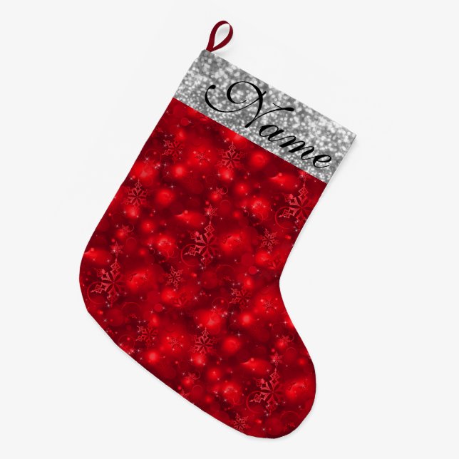 Funkelnd Schneeflocken, Rot und Silberner Glitzer  Großer Weihnachtsstrumpf (Vorderansicht (hängend))