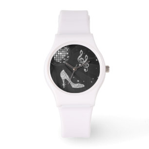Funkelnd schwarze Musiknote u. Stilett-Ferse Armbanduhr