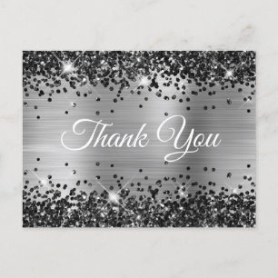 Funkelnd schwarzer Glitter Silberfolie Danke Postkarte