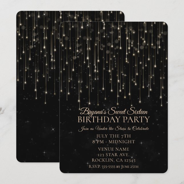 Funkelnd Shooting Stars Black Chic Sweet 16 Einladung (Vorne/Hinten)