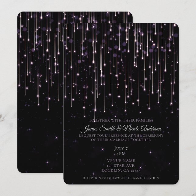 Funkelnd Shooting Stars Lila Chic Moderne Hochzeit Einladung (Vorne/Hinten)