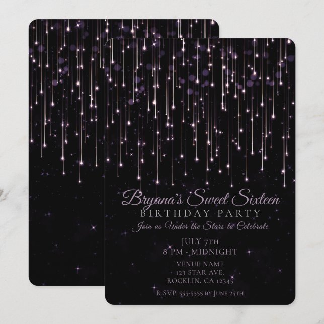 Funkelnd Shooting Stars Lila Sweet 16 Party Invit Einladung (Vorne/Hinten)