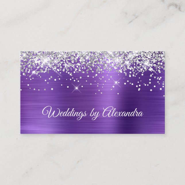Funkelnd Silber Glitzer Amethyst Satin Foil Visitenkarte (Vorderseite)