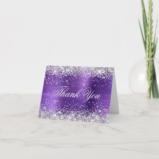Funkelnd Silber-Imitate Glitzer Amethyst Lila Foil Dankeskarte (Vorderseite)