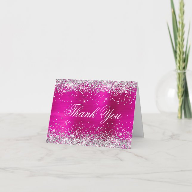 Funkelnd Silber-Imitate Glitzer Hot Pink Foil Dankeskarte (Vorderseite)