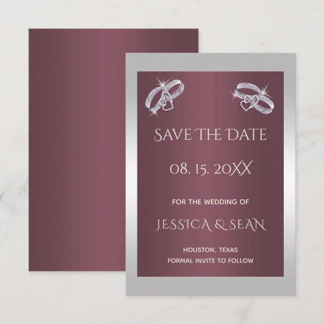 Funkelnd Silber Rings & Burgandy Save The Date (Vorne/Hinten)