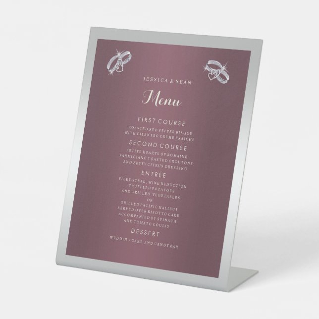 Funkelnd Silber Rings & Burgandy Wedding Menu Sockelschild (Vorderseite)