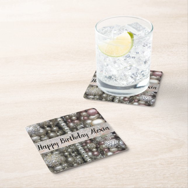 Funkelnd Silber- und rosa Perlen Rechteckiger Pappuntersetzer (Vor Ort)