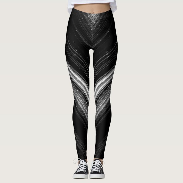 Funkelnd silberfarbene Zickzack Linien Leggings (Vorderseite)