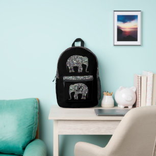 Funkelnd Silbermosaik Elephant Monogram auf schwar Bedruckter Rucksack