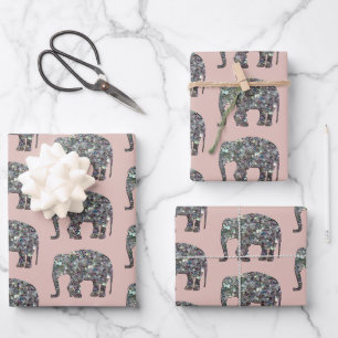 Funkelnd silberne Mosaik Elefantenmuster Rose pink Geschenkpapier Set