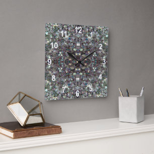 Funkelnd silberne Mosaik Mandala w Zahlen Quadratische Wanduhr