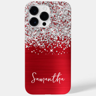 Funkelnd Silberner Glitzer Roter Glam Name Case-Mate iPhone 14 Pro Max Hülle