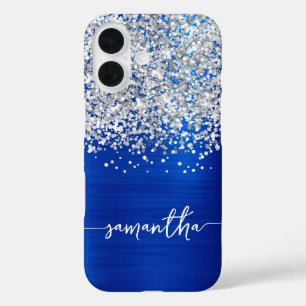 Funkelnd Silberner Glitzer Royal Blue Glam Name iPhone 16 Hülle