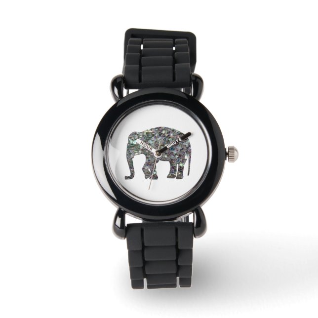 Funkelnd silberner Mosaik-Glitzer Elephant Armbanduhr (Vorderseite)