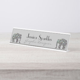 Funkelnd silberner Mosaik-Glitzer Elephant grau Schreibtischnamensplakette