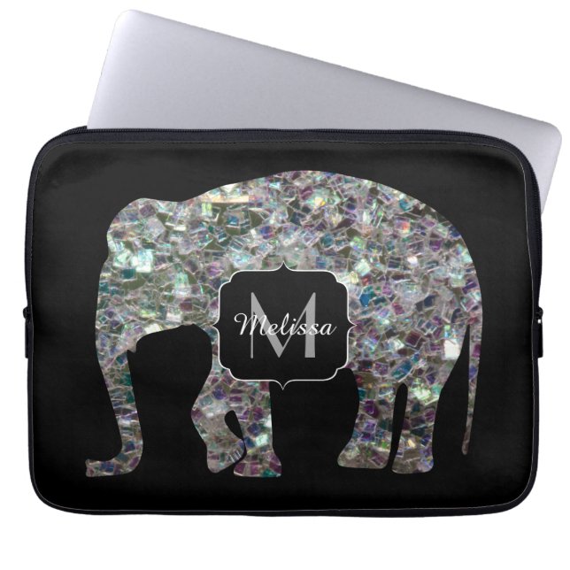 Funkelnd silberner Mosaik-Glitzer Elephant Monogra Laptopschutzhülle (Vorderseite)