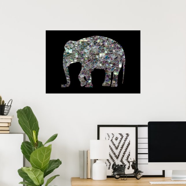 Funkelnd silberner Mosaik-Glitzer Elephant Poster (Heimbüro)