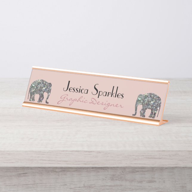 Funkelnd silberner Mosaik Glitzer Elephant Rose pi Schreibtischnamensplakette (Vorderseite )
