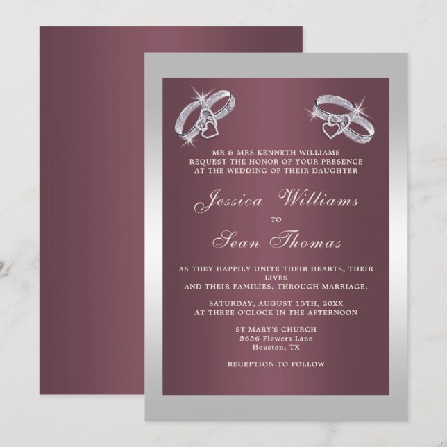 Funkelnd Silberringe und Burgandy-Hochzeit Einladung (Vorne/Hinten)