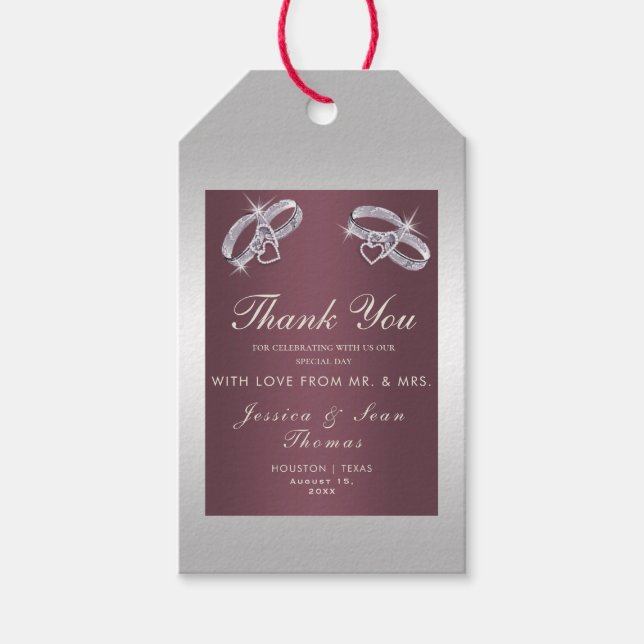 Funkelnd Silberringe und Burgandy-Hochzeit Geschenkanhänger (Vorderseite)