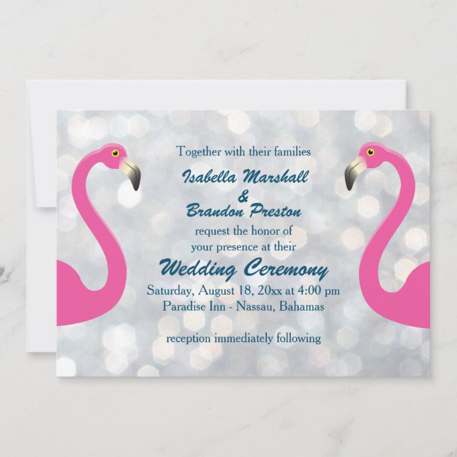 Funkelnd Silver Flamingo Wedding Einladung (Vorderseite)