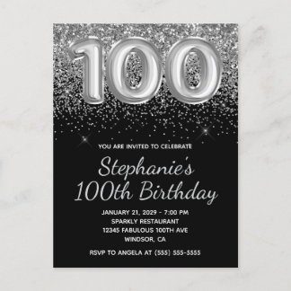 Funkelnd Silver Glitzer Black 100. Geburtstag Einladungspostkarte