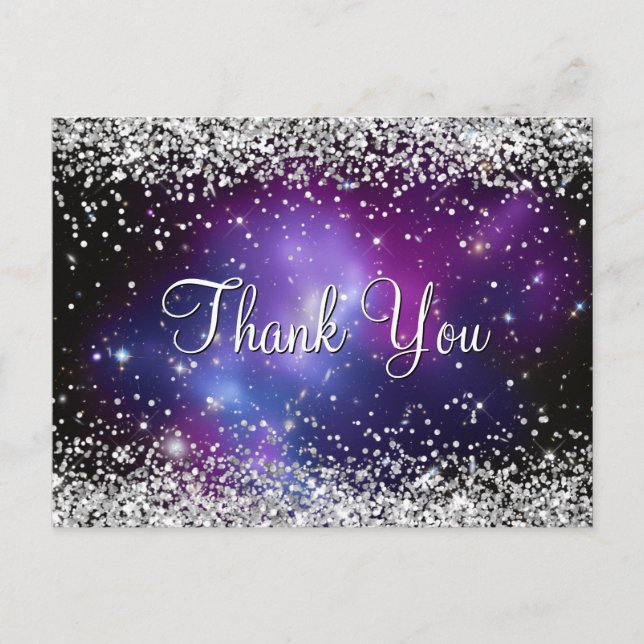 Funkelnd Silver Glitzer Lila Celestie Danke Postkarte (Vorderseite)