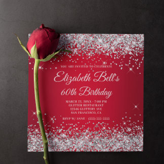 Funkelnd Silver Glitzer Red Ombre 60. Geburtstag Einladung