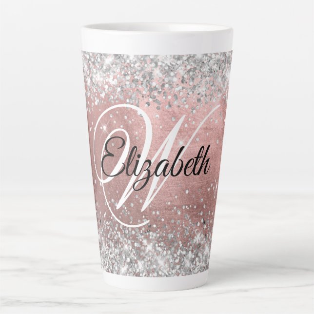 Funkelnd Silver Glitzer Rose Blush Foil Monogramm Milchtasse (Vorderseite)