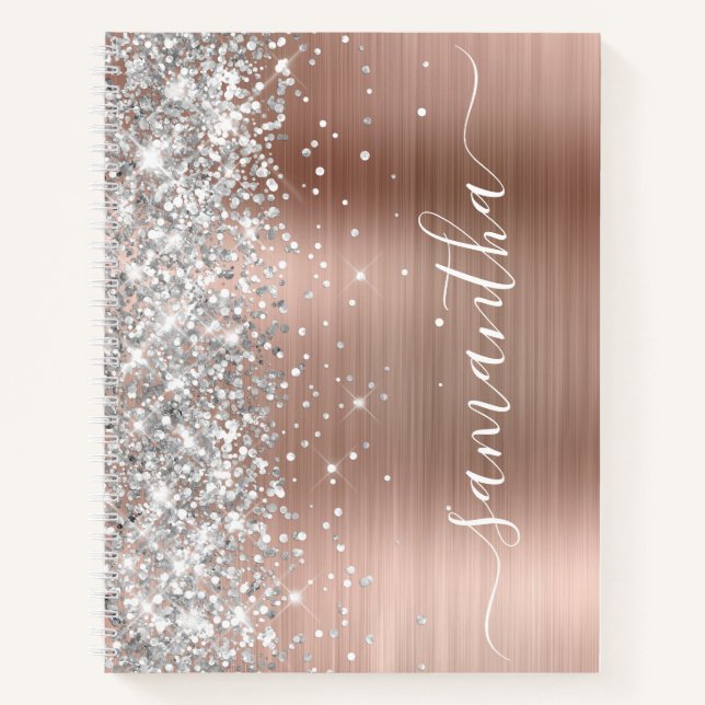 Funkelnd Silver Glitzer Rose Gold Glam Girl Name Notizbuch (Vorderseite)