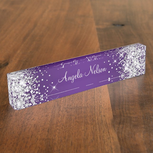Funkelnd Silver Glitzer Royal Lila Ombre Namensplakette (Seite)