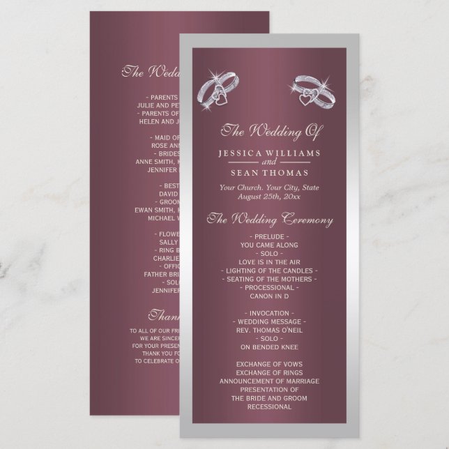 Funkelnd Silver Rings & Burgandy-Hochzeitsprogramm (Vorne/Hinten)