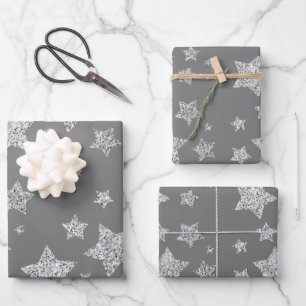 Funkelnd Silver Stars Weihnachtsmuster auf grau Geschenkpapier Set