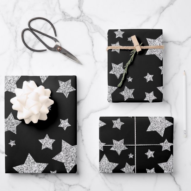 Funkelnd Silver Stars Weihnachtsmuster auf schwarz Geschenkpapier Set (Vorderseite)