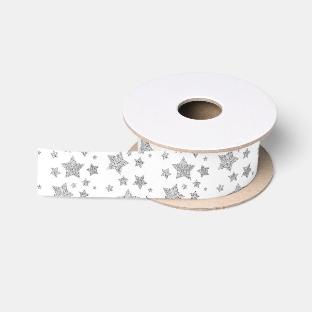 Funkelnd Silver Stars Weihnachtsmuster auf Weiß Satinband (Spule)